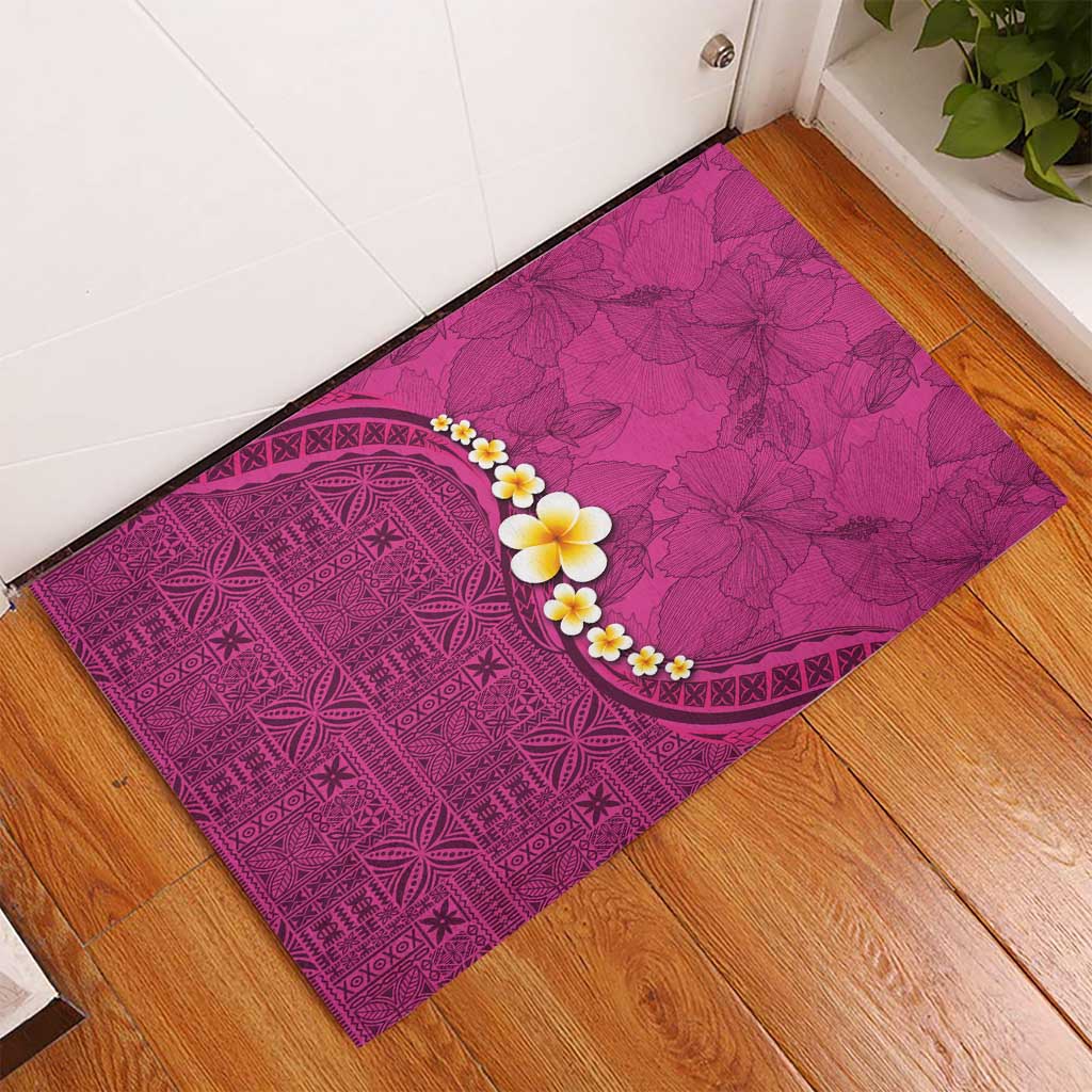 Polynesian Hibiscus and Plumeria with Tapa Pattern Rubber Doormat Pink Color LT03 - Polynesian Pride