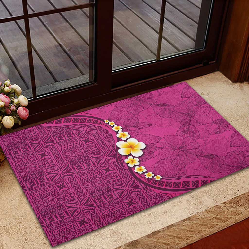 Polynesian Hibiscus and Plumeria with Tapa Pattern Rubber Doormat Pink Color LT03 - Polynesian Pride