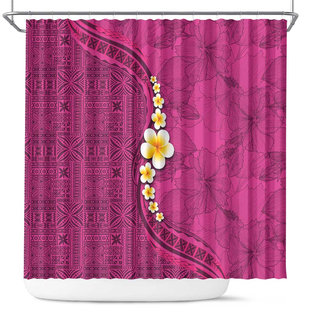 Polynesian Hibiscus and Plumeria with Tapa Pattern Shower Curtain Pink Color