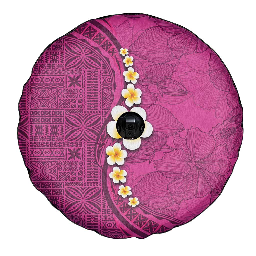 Polynesian Hibiscus and Plumeria with Tapa Pattern Spare Tire Cover Pink Color