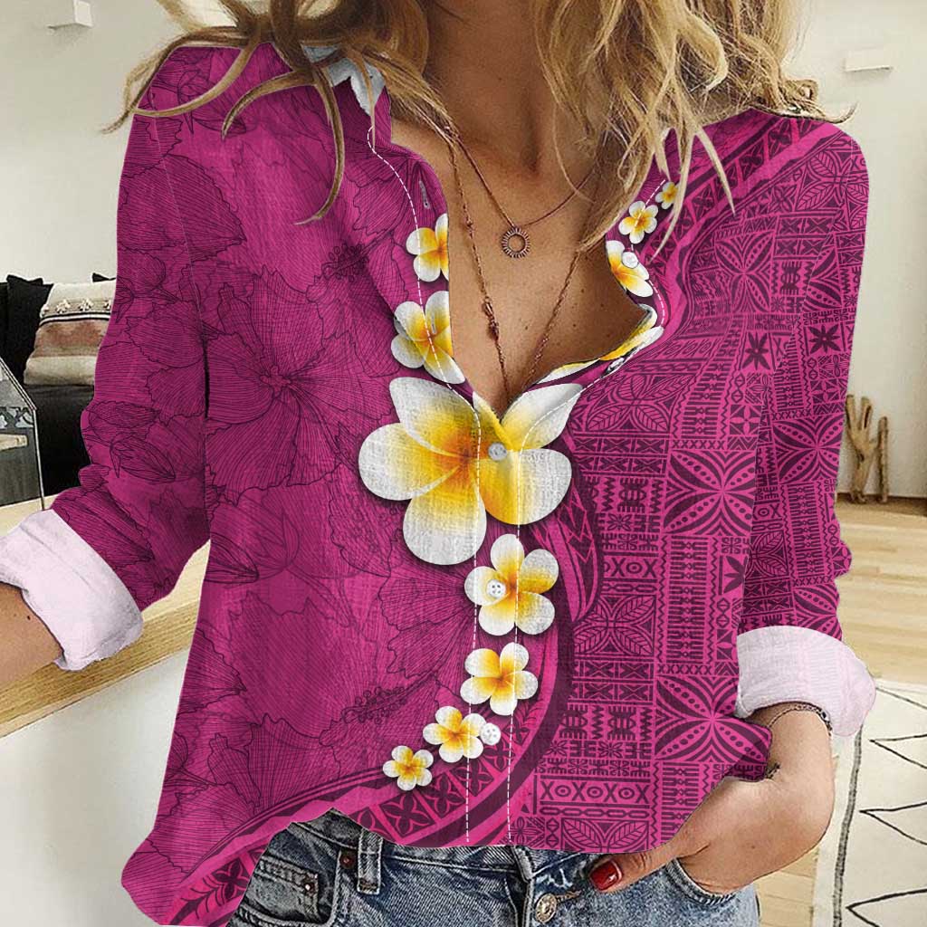 Polynesian Hibiscus and Plumeria with Tapa Pattern Women Casual Shirt Pink Color LT03 Female Pink - Polynesian Pride