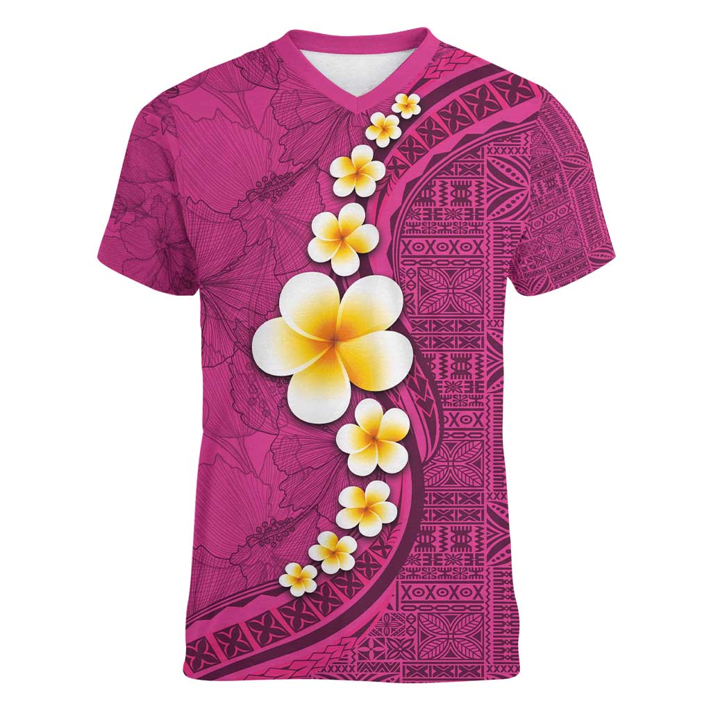Polynesian Hibiscus and Plumeria with Tapa Pattern Women V-Neck T-Shirt Pink Color LT03 Female Pink - Polynesian Pride