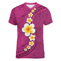 Polynesian Hibiscus and Plumeria with Tapa Pattern Women V-Neck T-Shirt Pink Color LT03 Female Pink - Polynesian Pride