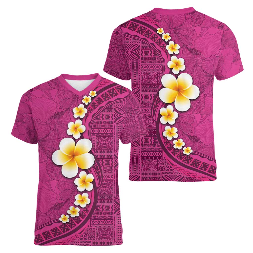 Polynesian Hibiscus and Plumeria with Tapa Pattern Women V-Neck T-Shirt Pink Color LT03 - Polynesian Pride