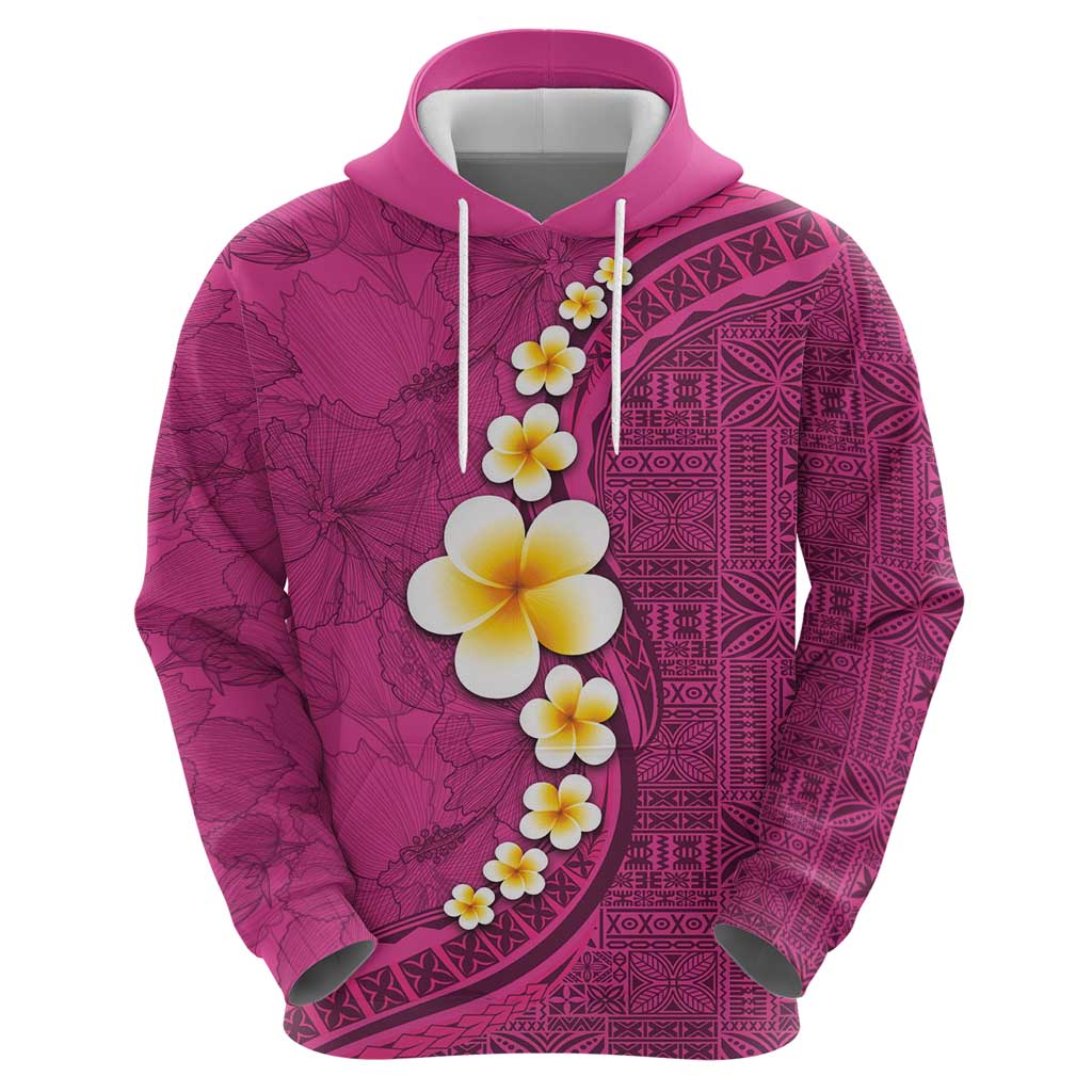 Polynesian Hibiscus and Plumeria with Tapa Pattern Zip Hoodie Pink Color