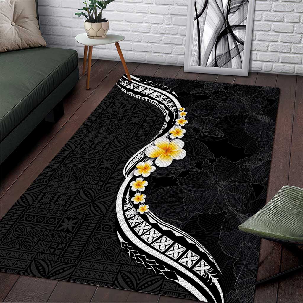 Pacific Hibiscus and Plumeria with Tapa Pattern Area Rug Black Color