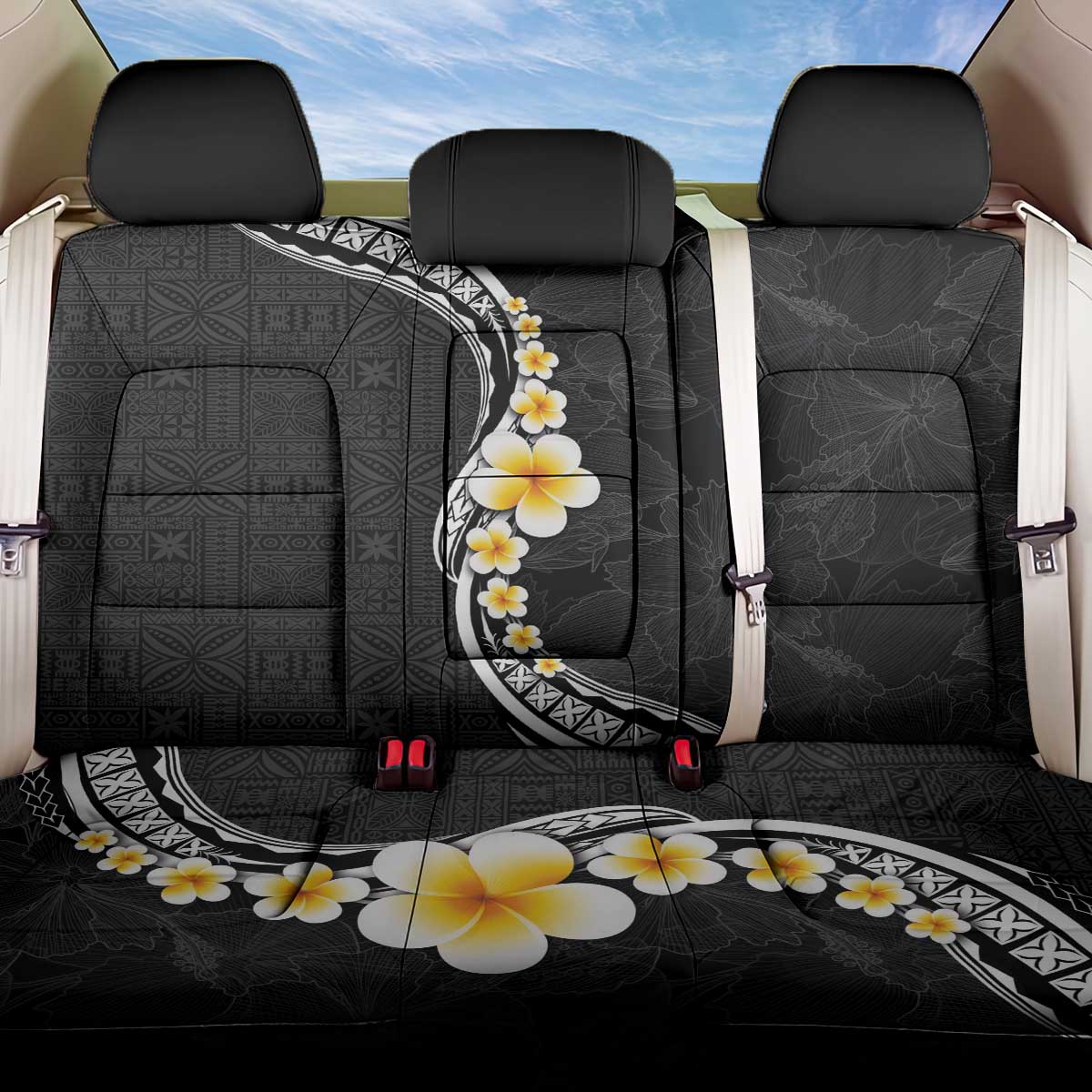 Pacific Hibiscus and Plumeria with Tapa Pattern Back Car Seat Cover Black Color