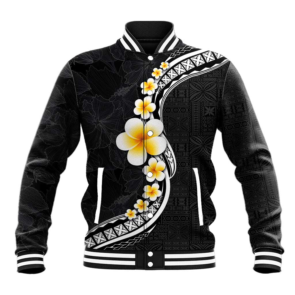 Pacific Hibiscus and Plumeria with Tapa Pattern Baseball Jacket Black Color LT03 Unisex Black - Polynesian Pride