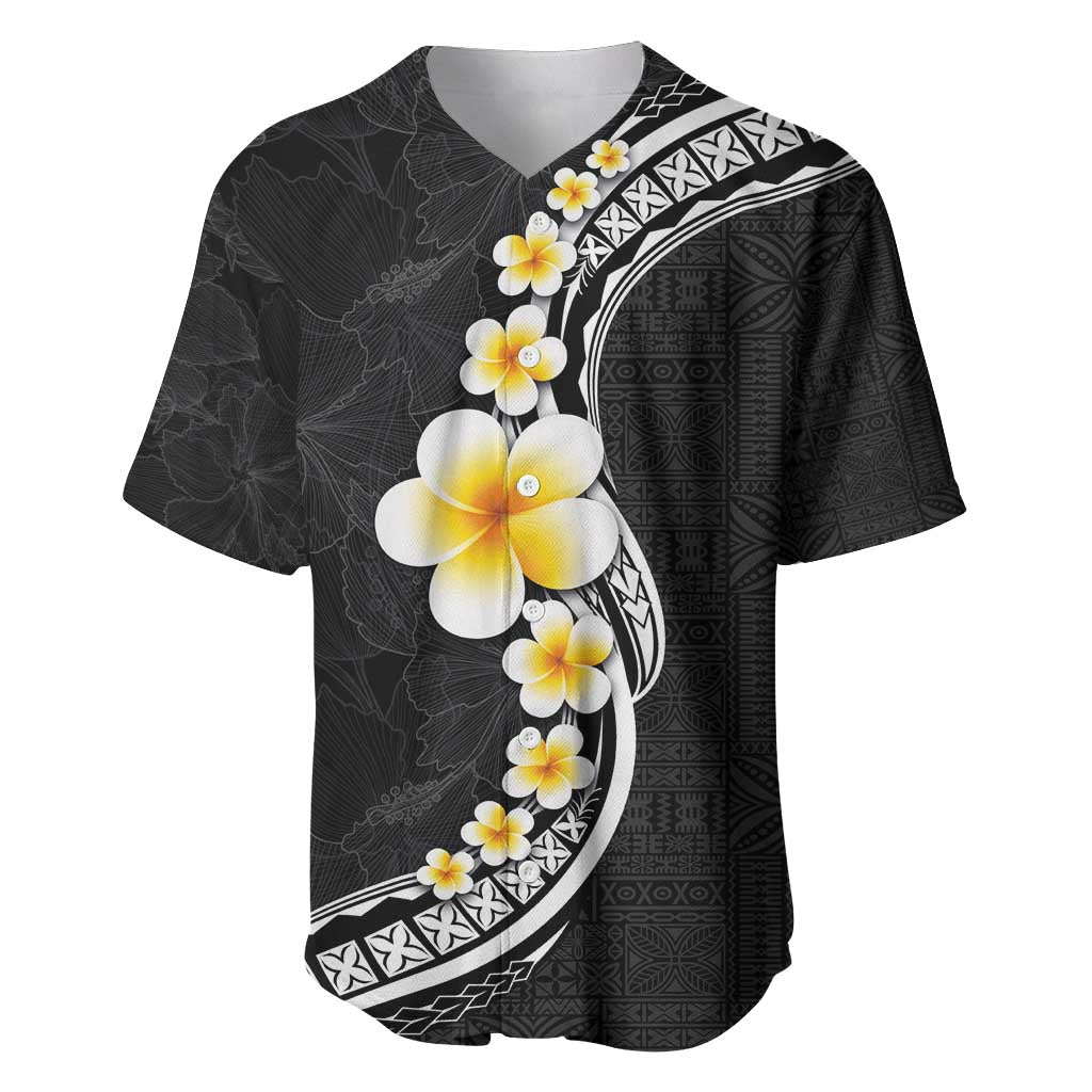 Pacific Hibiscus and Plumeria with Tapa Pattern Baseball Jersey Black Color LT03 Black - Polynesian Pride