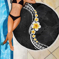 Pacific Hibiscus and Plumeria with Tapa Pattern Beach Blanket Black Color
