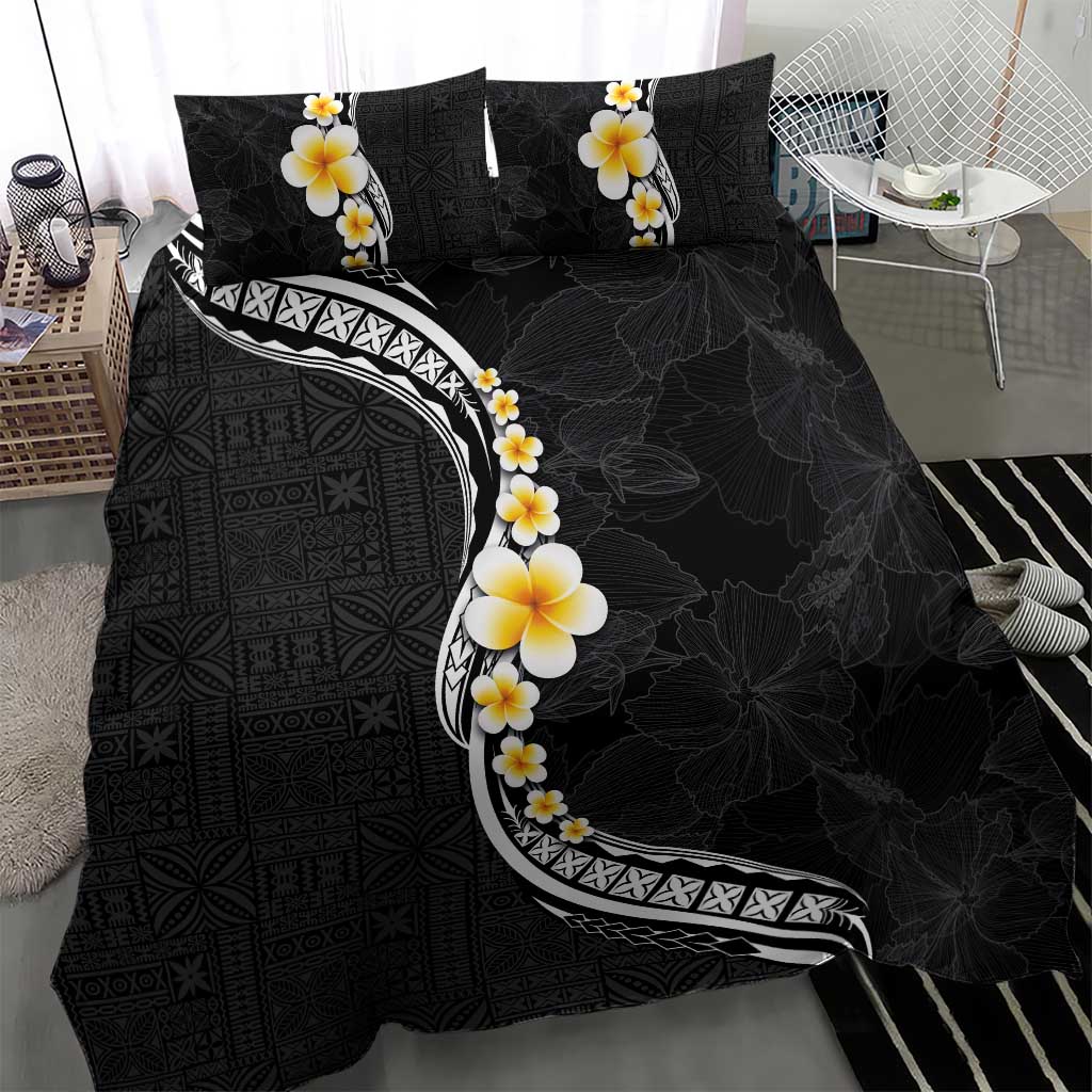 Pacific Hibiscus and Plumeria with Tapa Pattern Bedding Set Black Color