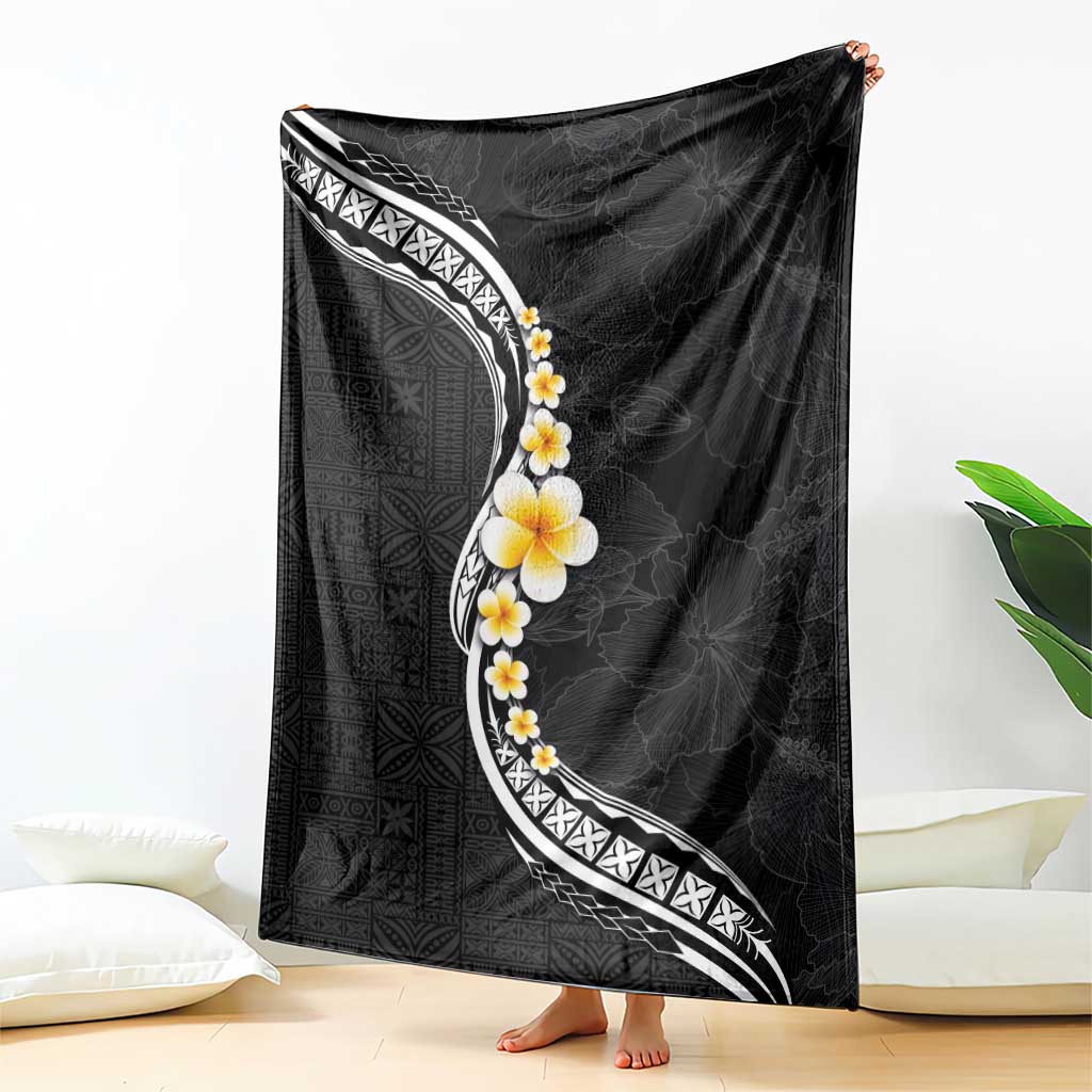 Pacific Hibiscus and Plumeria with Tapa Pattern Blanket Black Color