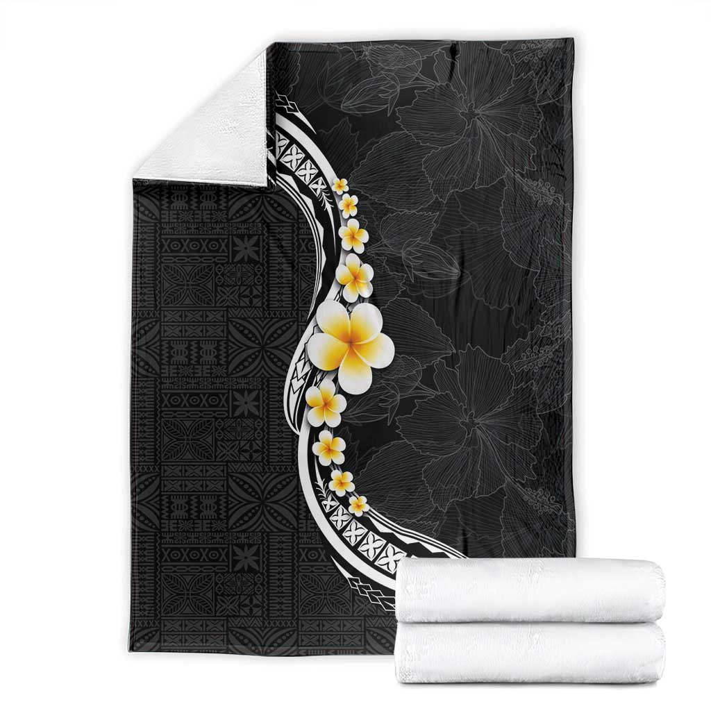 Pacific Hibiscus and Plumeria with Tapa Pattern Blanket Black Color