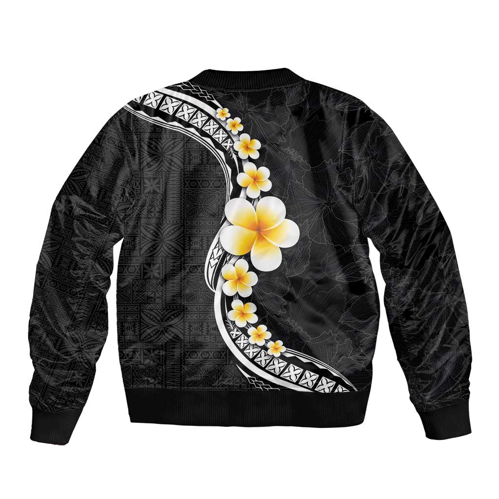 Pacific Hibiscus and Plumeria with Tapa Pattern Bomber Jacket Black Color