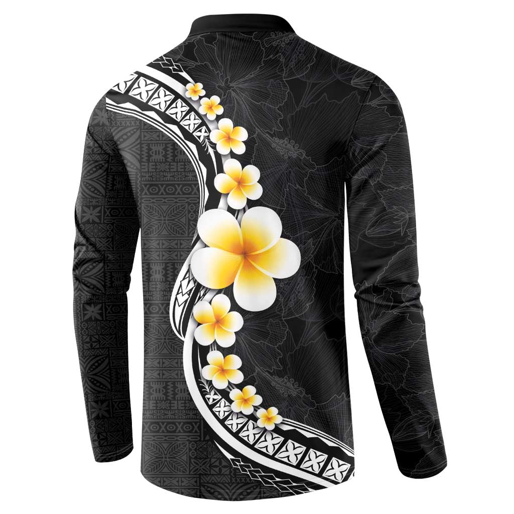 Pacific Hibiscus and Plumeria with Tapa Pattern Button Sweatshirt Black Color LT03 - Polynesian Pride