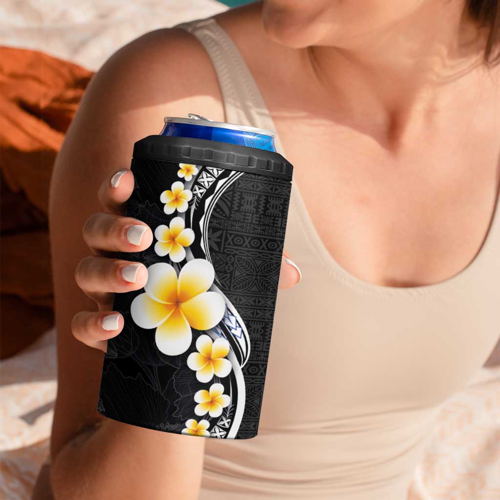 Pacific Hibiscus and Plumeria with Tapa Pattern 4 in 1 Can Cooler Tumbler Black Color