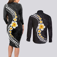 Pacific Hibiscus and Plumeria with Tapa Pattern Couples Matching Long Sleeve Bodycon Dress and Long Sleeve Button Shirt Black Color LT03 - Polynesian Pride