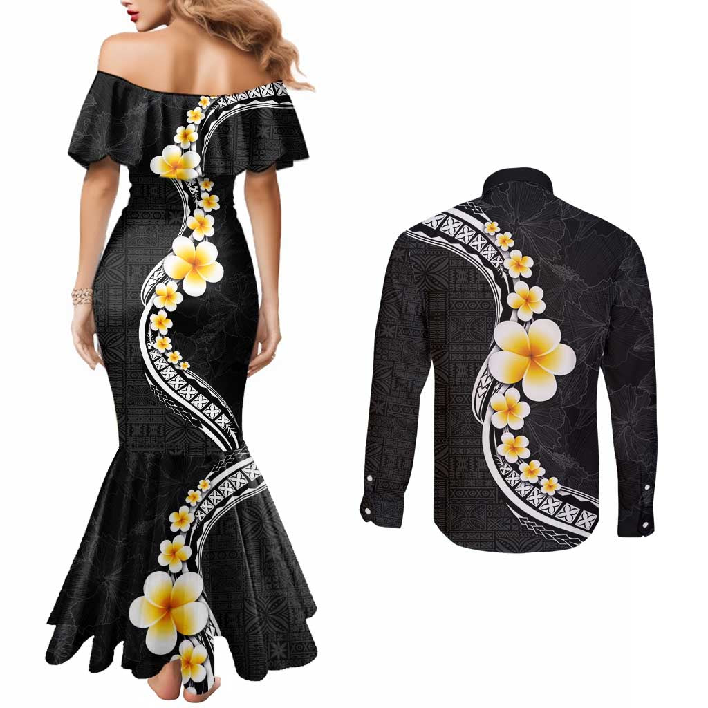 Pacific Hibiscus and Plumeria with Tapa Pattern Couples Matching Mermaid Dress and Long Sleeve Button Shirt Black Color LT03 - Polynesian Pride