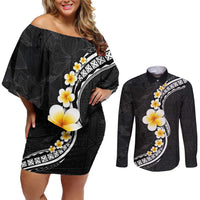 Pacific Hibiscus and Plumeria with Tapa Pattern Couples Matching Off Shoulder Short Dress and Long Sleeve Button Shirt Black Color