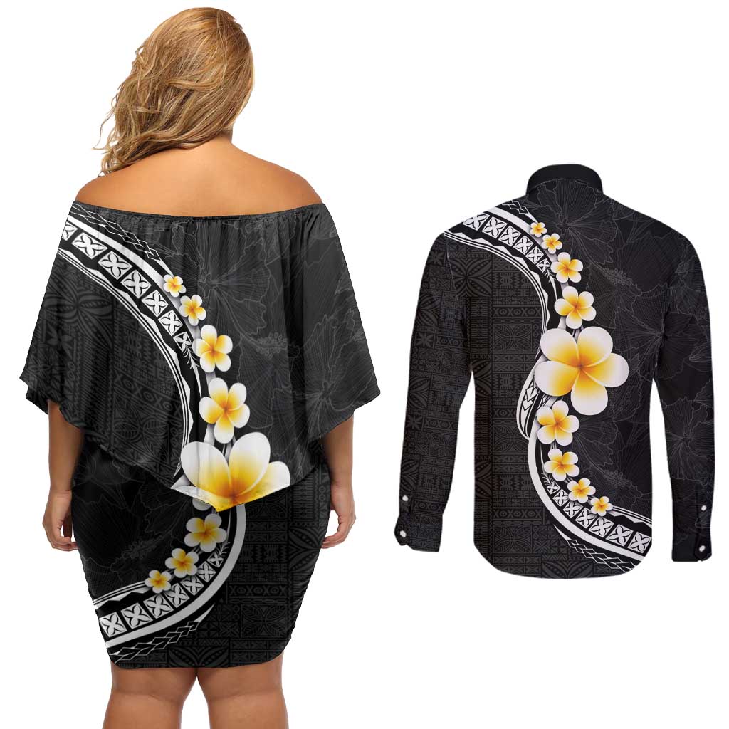 Pacific Hibiscus and Plumeria with Tapa Pattern Couples Matching Off Shoulder Short Dress and Long Sleeve Button Shirt Black Color