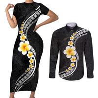Pacific Hibiscus and Plumeria with Tapa Pattern Couples Matching Short Sleeve Bodycon Dress and Long Sleeve Button Shirt Black Color LT03 Black - Polynesian Pride