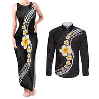 Pacific Hibiscus and Plumeria with Tapa Pattern Couples Matching Tank Maxi Dress and Long Sleeve Button Shirt Black Color LT03 Black - Polynesian Pride