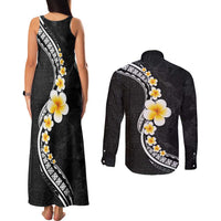 Pacific Hibiscus and Plumeria with Tapa Pattern Couples Matching Tank Maxi Dress and Long Sleeve Button Shirt Black Color LT03 - Polynesian Pride