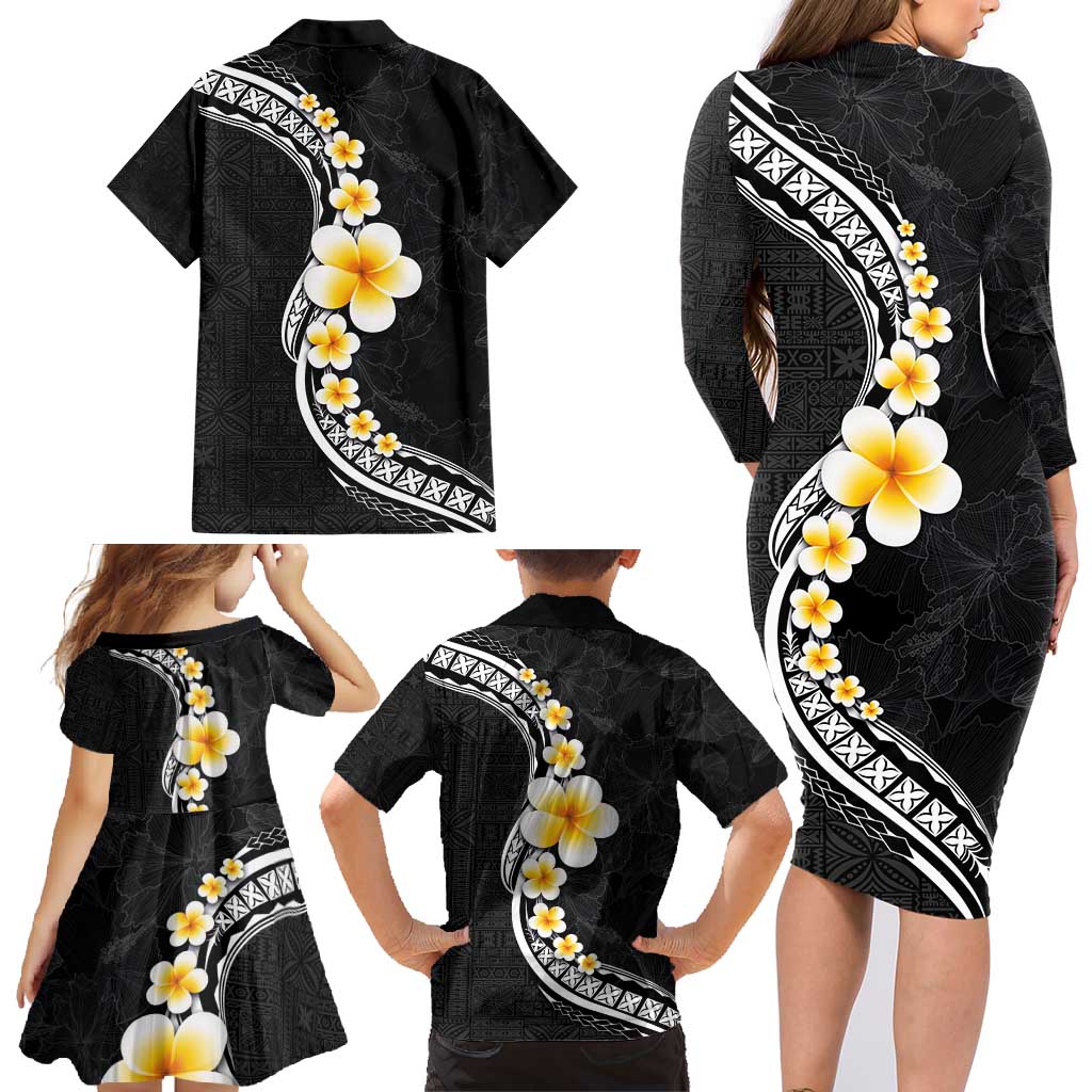 Pacific Hibiscus and Plumeria with Tapa Pattern Family Matching Long Sleeve Bodycon Dress and Hawaiian Shirt Black Color