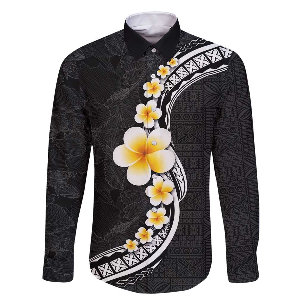 Pacific Hibiscus and Plumeria with Tapa Pattern Family Matching Off Shoulder Maxi Dress and Hawaiian Shirt Black Color