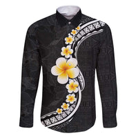 Pacific Hibiscus and Plumeria with Tapa Pattern Family Matching Off Shoulder Maxi Dress and Hawaiian Shirt Black Color