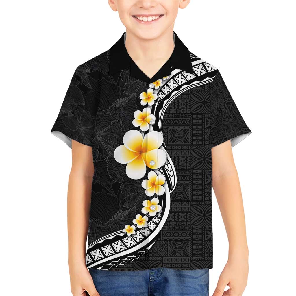 Pacific Hibiscus and Plumeria with Tapa Pattern Family Matching Off Shoulder Maxi Dress and Hawaiian Shirt Black Color