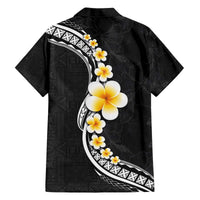 Pacific Hibiscus and Plumeria with Tapa Pattern Family Matching Off Shoulder Short Dress and Hawaiian Shirt Black Color