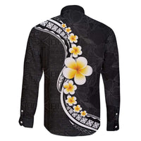 Pacific Hibiscus and Plumeria with Tapa Pattern Family Matching Off Shoulder Short Dress and Hawaiian Shirt Black Color
