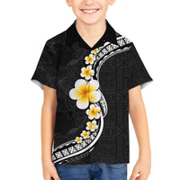 Pacific Hibiscus and Plumeria with Tapa Pattern Family Matching Off Shoulder Short Dress and Hawaiian Shirt Black Color