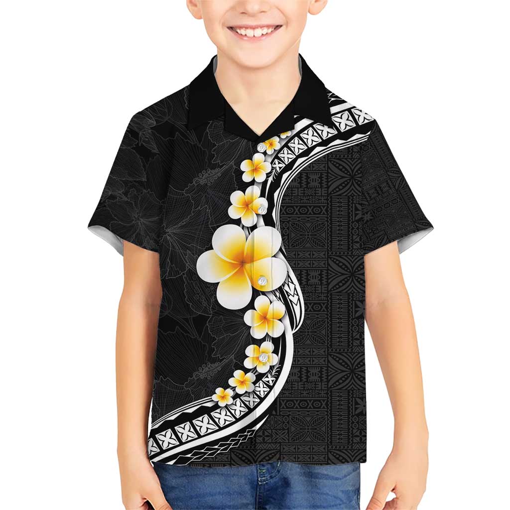 Pacific Hibiscus and Plumeria with Tapa Pattern Kid Hawaiian Shirt Black Color LT03 Kid Black - Polynesian Pride