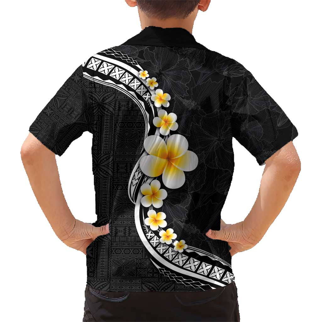 Pacific Hibiscus and Plumeria with Tapa Pattern Kid Hawaiian Shirt Black Color LT03 - Polynesian Pride