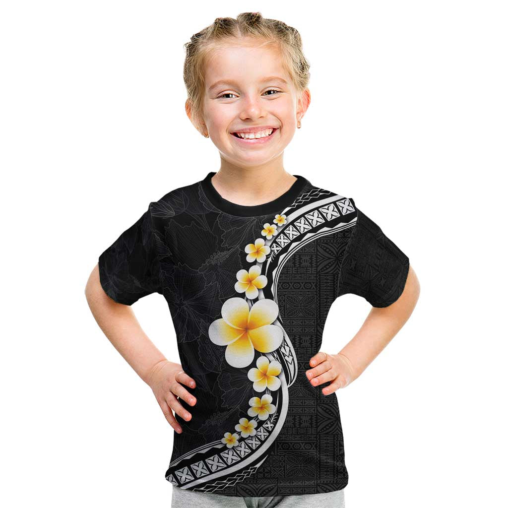 Pacific Hibiscus and Plumeria with Tapa Pattern Kid T Shirt Black Color LT03 Black - Polynesian Pride