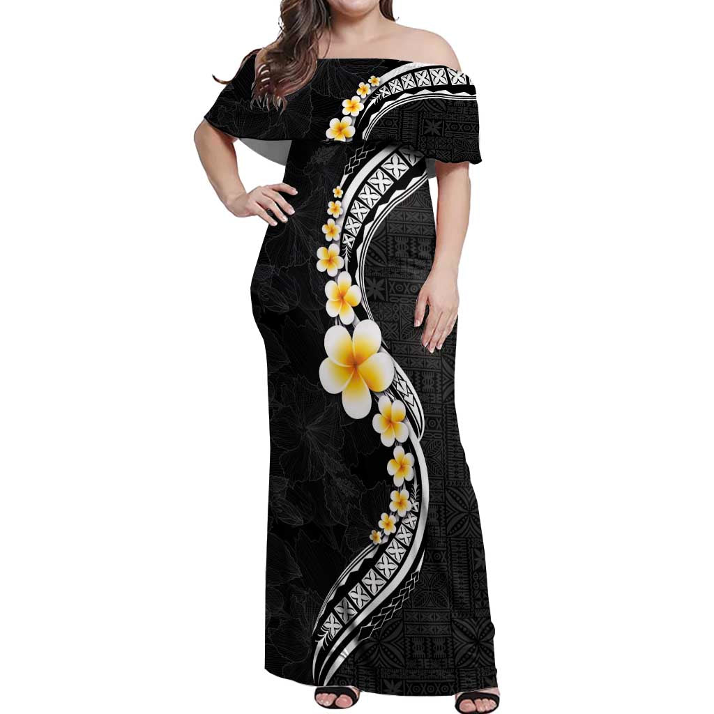 Pacific Hibiscus and Plumeria with Tapa Pattern Off Shoulder Maxi Dress Black Color LT03 Women Black - Polynesian Pride
