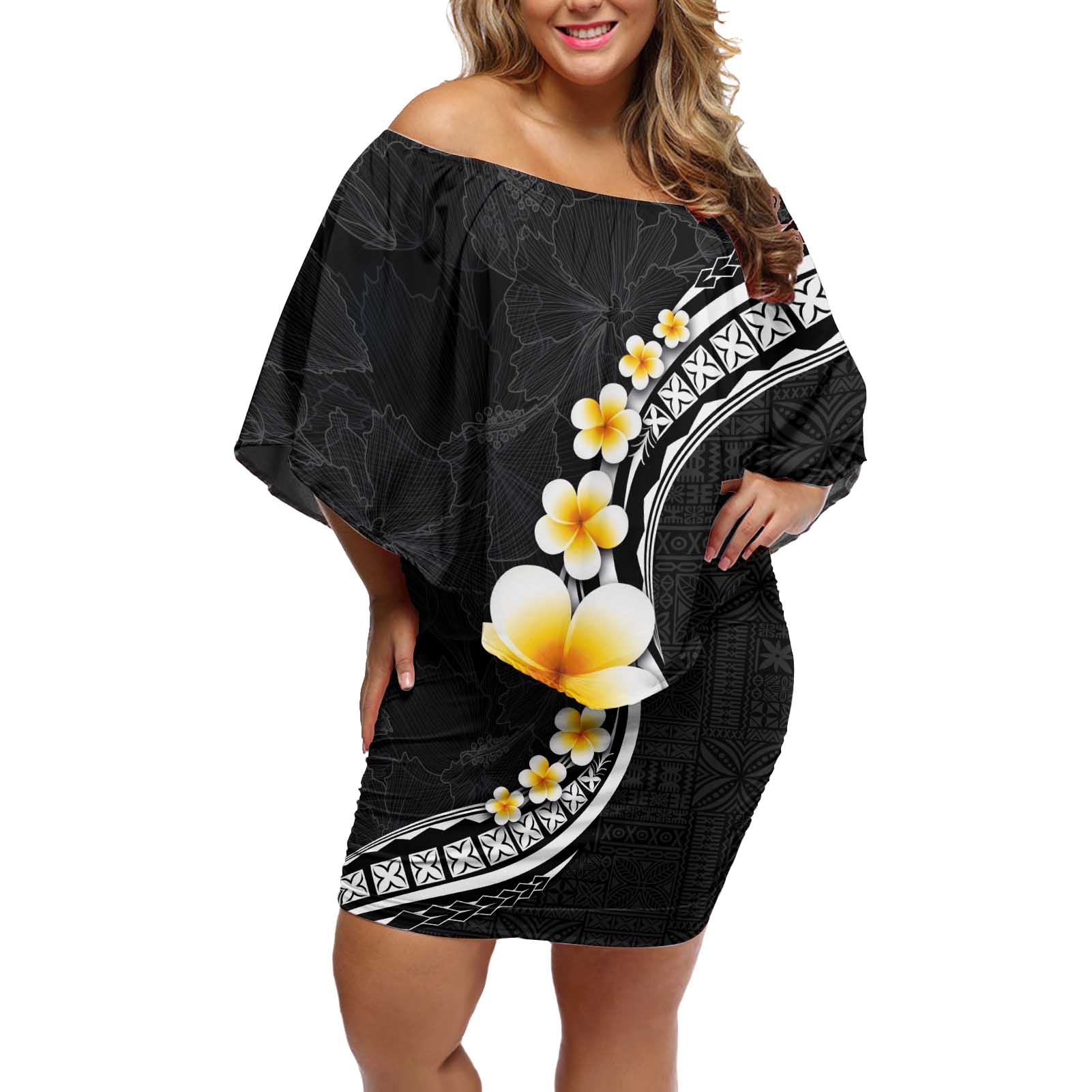 Pacific Hibiscus and Plumeria with Tapa Pattern Off Shoulder Short Dress Black Color