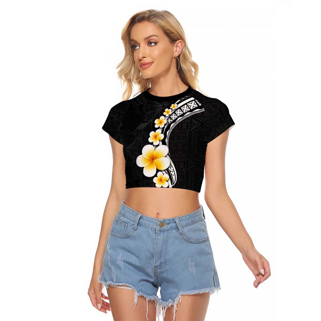 Pacific Hibiscus and Plumeria with Tapa Pattern Raglan Cropped T Shirt Black Color LT03 Female Black - Polynesian Pride
