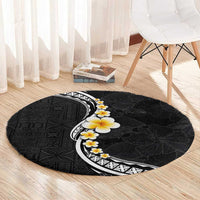 Pacific Hibiscus and Plumeria with Tapa Pattern Round Carpet Black Color