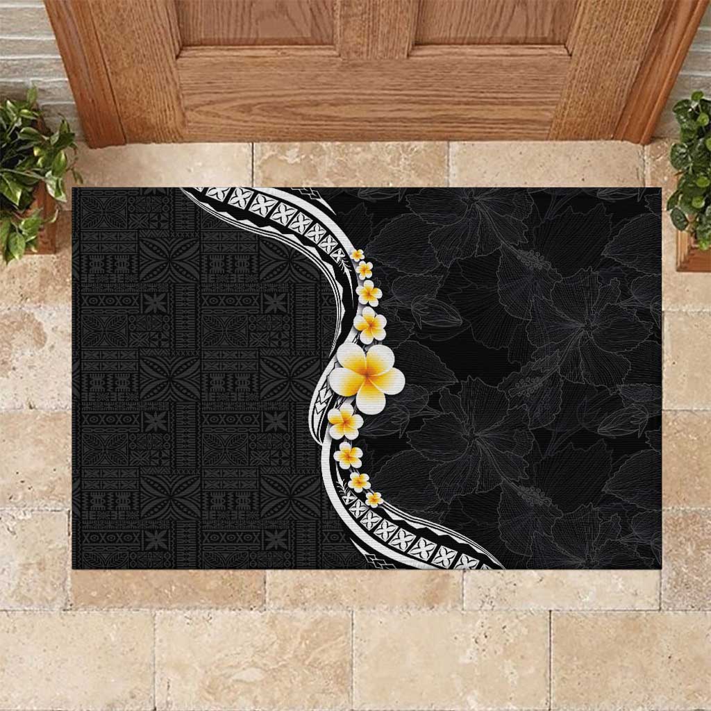 Pacific Hibiscus and Plumeria with Tapa Pattern Rubber Doormat Black Color LT03 Black - Polynesian Pride