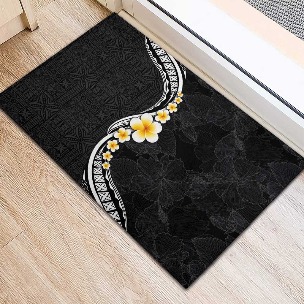 Pacific Hibiscus and Plumeria with Tapa Pattern Rubber Doormat Black Color LT03 - Polynesian Pride
