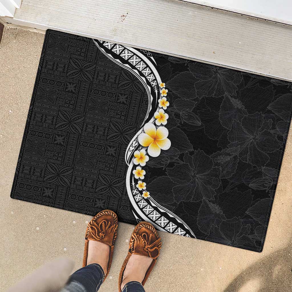 Pacific Hibiscus and Plumeria with Tapa Pattern Rubber Doormat Black Color LT03 - Polynesian Pride