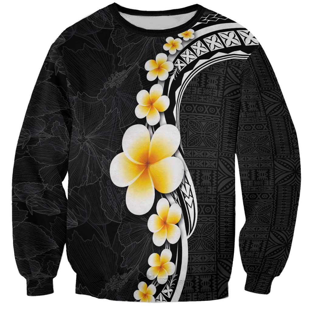 Pacific Hibiscus and Plumeria with Tapa Pattern Sweatshirt Black Color LT03 Unisex Black - Polynesian Pride
