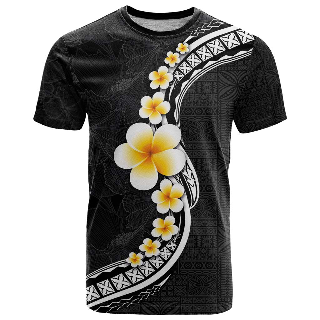 Pacific Hibiscus and Plumeria with Tapa Pattern T Shirt Black Color LT03 Black - Polynesian Pride