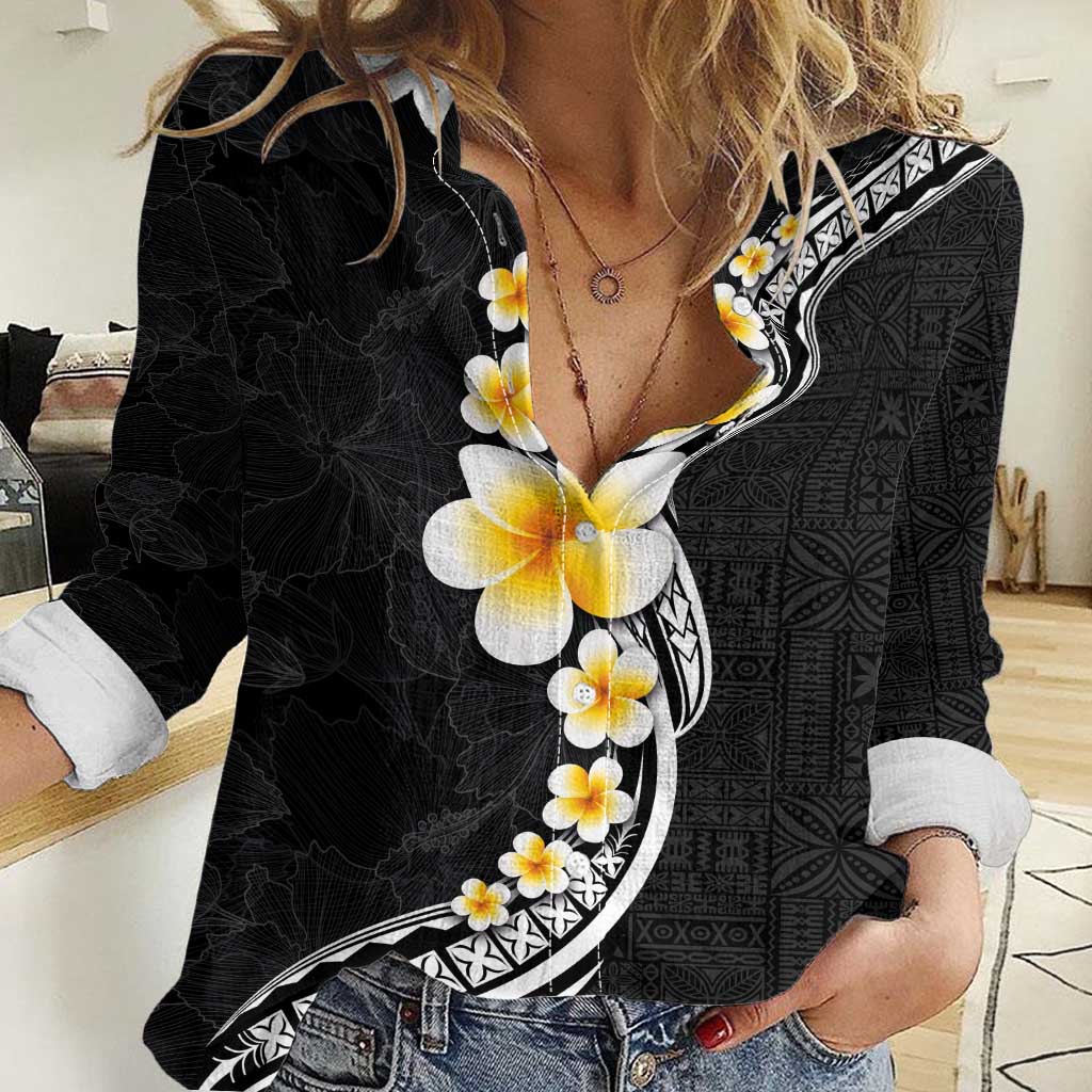 Pacific Hibiscus and Plumeria with Tapa Pattern Women Casual Shirt Black Color LT03 Female Black - Polynesian Pride