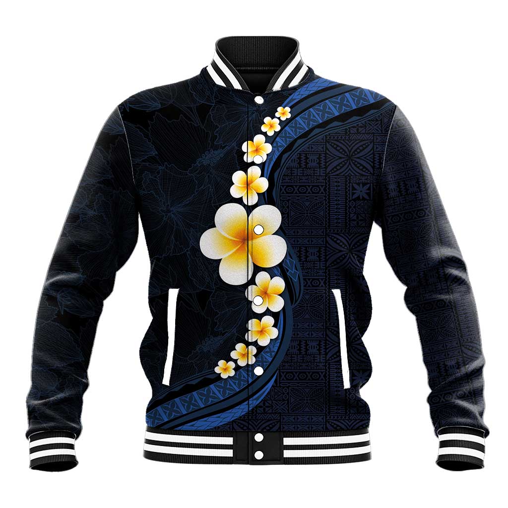 Pacific Hibiscus and Plumeria with Tapa Pattern Baseball Jacket Dark Blue Color LT03 Unisex Blue - Polynesian Pride