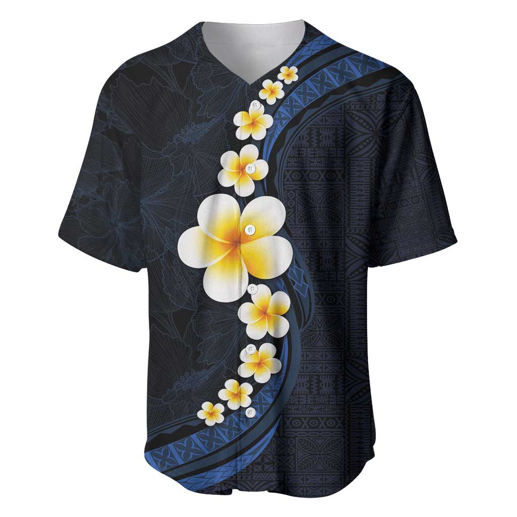 Pacific Hibiscus and Plumeria with Tapa Pattern Baseball Jersey Dark Blue Color