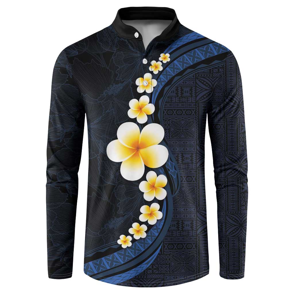 Pacific Hibiscus and Plumeria with Tapa Pattern Button Sweatshirt Dark Blue Color LT03 Blue - Polynesian Pride